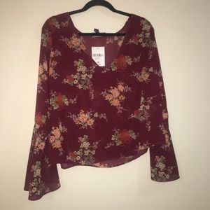 Sheer Floral Chiffon Top w/ Bell Sleeves